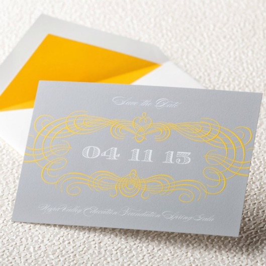 grey and yellow wedding save the date A Pop of Color Parties are festive